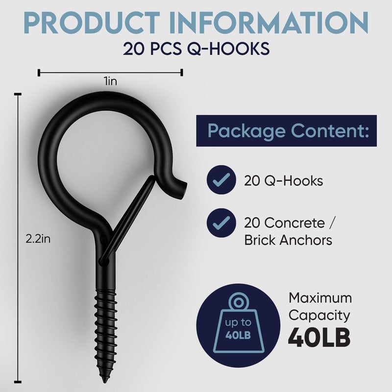 Moneek's Hardware 20 Pack Black Q Hooks for Hanging - Ceiling Hooks, Plant Hangers Outdoor, Safety Buckle, Weatherproof Clips, Screw Eye S, Heavy Duty Hooks for Outdoor String Lights Christmas Hanger - Image 2